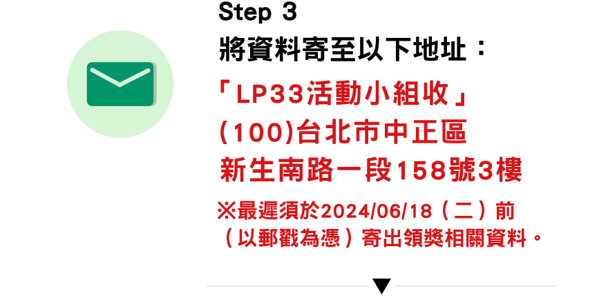 Step3 將資料寄至以下地址「LP33活動小組收」(100)台北市中正區新生南路一段158號3樓